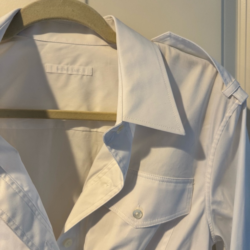 Helmut Lang Gathered Button-Front Long Sleeve Knot White Shirt | S - Picture 7 of 8